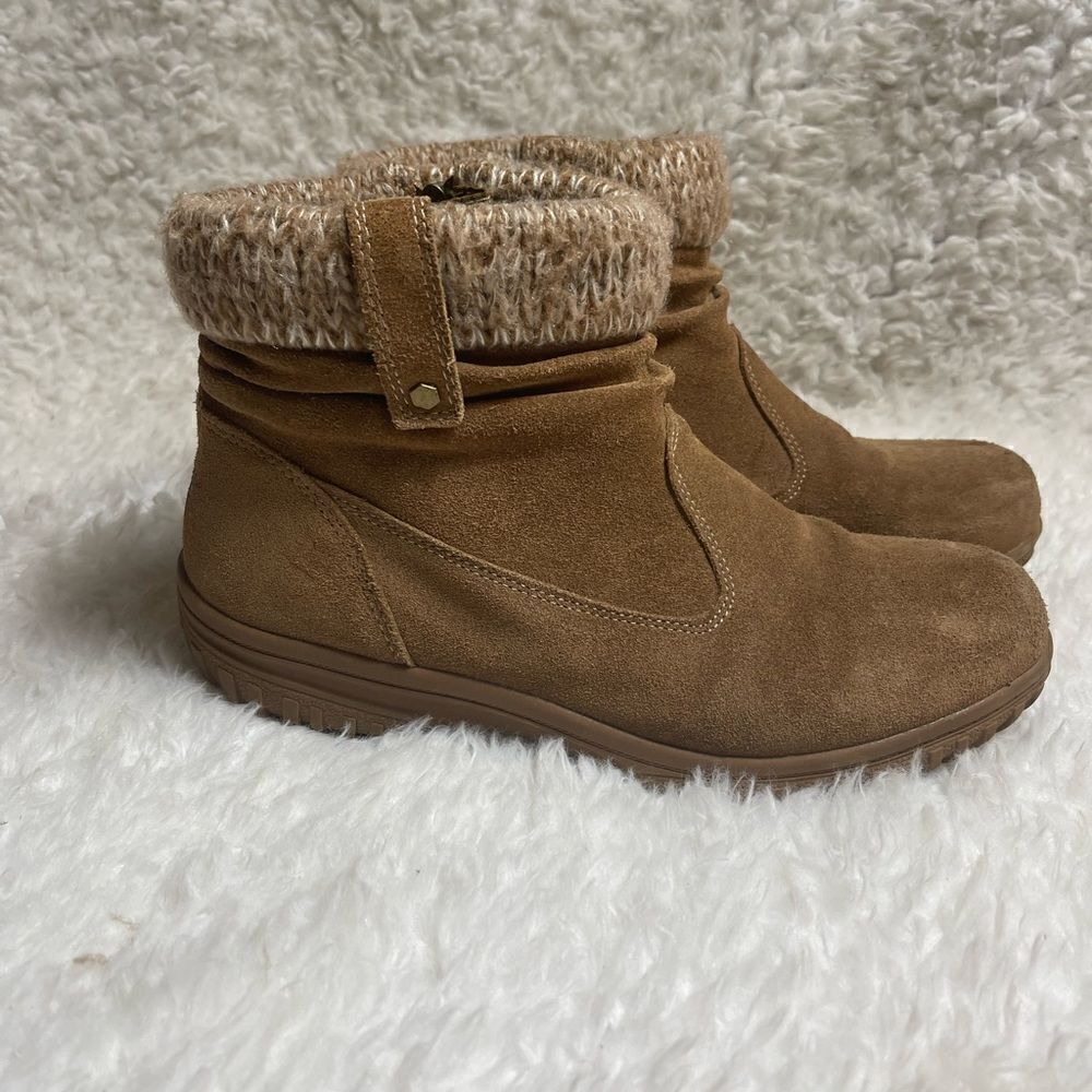 KHOMBU LAURA TAN SUEDE ANKLE BOOTS KNIT TRIM RUBBER SOLES SZ10M